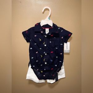 6m Carters snap onsie and suspenders with white shorts set